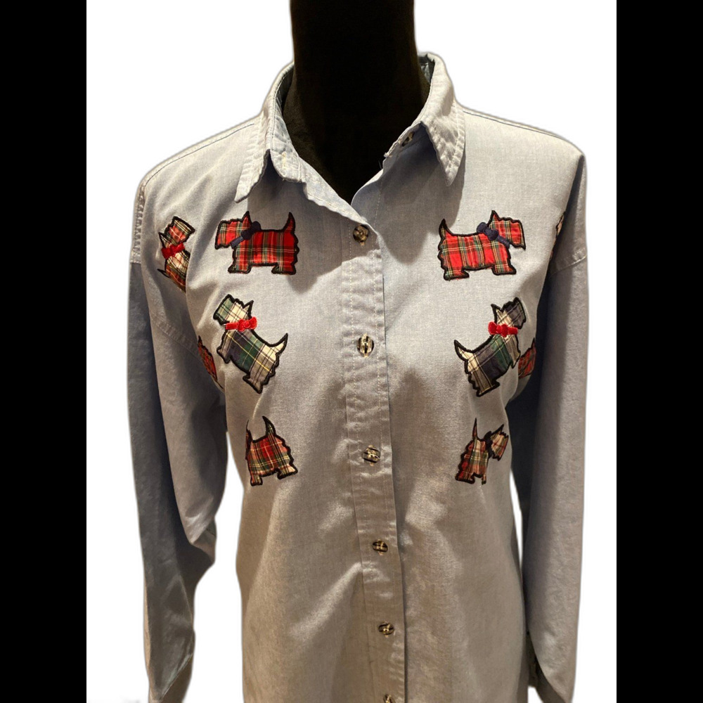 Mystic Blues Blouse Sz 20W 2XL Scottish Terrier Dog Blue‎ Button Down Top Unique